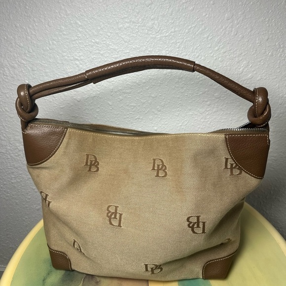 Dooney & Bourke Tan Canvas Brown Leather Knotted Strap Hobo Shoulder Bag Purse - Picture 5 of 10